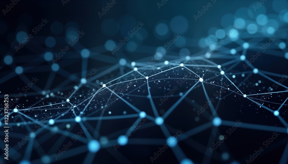Poster Abstract digital network pattern. Complex interconnected lines, points create tech network design. Futuristic illustration. Modern style. Geometric shapes. Blue, white tones. Suitable for wallpaper,