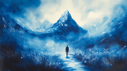 A lone figure walks along a misty path towards a glowing mountain peak, surrounded by serene blue hues and tranquil nature. Whispering Peak. Illustration