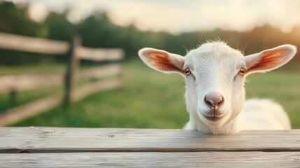 Curious goat peeking over wooden fence in farmyard