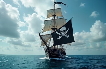 Obraz premium Pirate ship sails across blue sea. Black, white skull flag proudly displayed. Vessel sailing on open water. Historic sailing ship in motion under white sails. Sunny day with puffy clouds. Adventure,