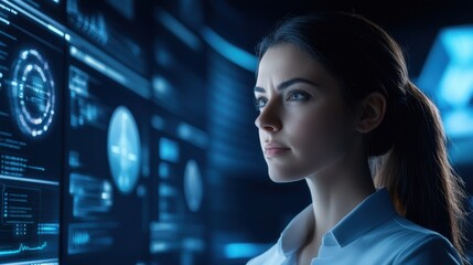 Naklejka premium Focused Female Analyst Engaged with Digital Interface Analyzing Data for Insights and Future Trends