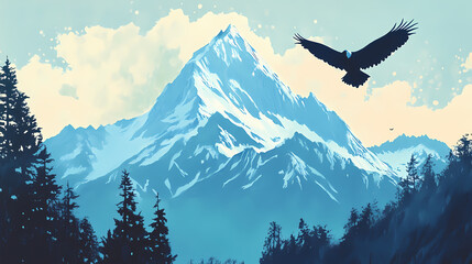Fototapeta premium A serene mountain peak where the whispers of the wild are heard in the distant cry of an eagle soaring overhead,. Whispering Peak. Illustration