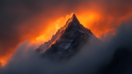 Dramatic sunset illuminates a rugged, mist-shrouded mountain peak, its craggy silhouette piercing the sky, surrounded by an aura of mystique and ancient secrets. Whispering Peak. Illustration