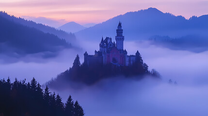 Obraz premium Enchanting castle on misty mountain peaks at dawn. Whispering Peak. Illustration