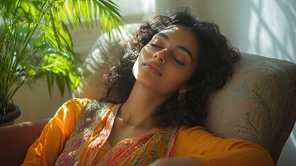 Peaceful and tired beautiful Indian woman falling asleep on a comfortable lounge chair at home, breathing fresh air from a potted plant, feeling calm and relaxed