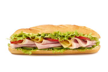 Delicious baguette sandwich with slices of ham, cheese, lettuce and ripe vegetables on a white background.