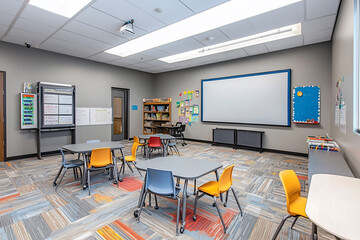 Modern classroom setting with colorful chairs and a whiteboard, showcasing an organized learning environment