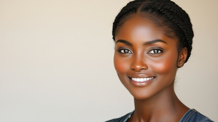 A young woman stands confidently, showcasing her radiant smile and braided hairstyle. The soft lighting highlights her natural beauty in a studio environment