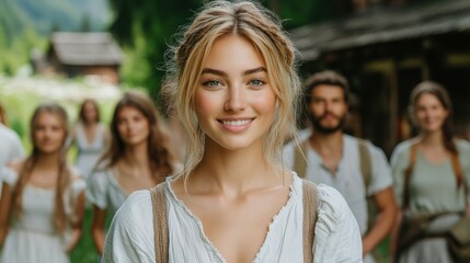 Young adults in simple, traditional clothing gather in a lush, green village during summer. They share smiles and laughter, creating a lively atmosphere filled with joy