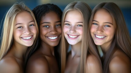 Fototapeta premium Four young women laugh and enjoy each other's company, displaying their diverse features and radiant smiles in a relaxed and cheerful atmosphere