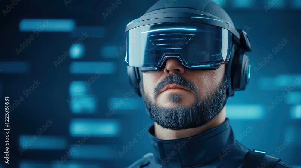 Poster futuristic portrait of a man wearing advanced vr headset with high-tech visual display background