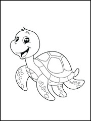 Illustration of a cute baby turtle cartoon character. Black and white Printable underwater coloring page for kids.
