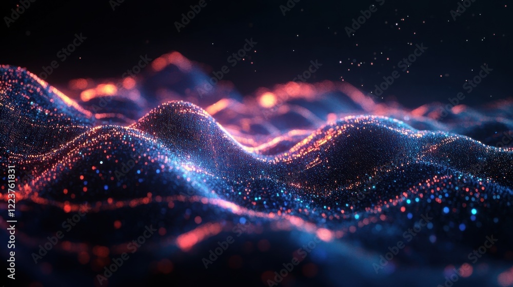 Poster abstract particles forming glowing hills and waves in vibrant blue and orange hues create a captivat
