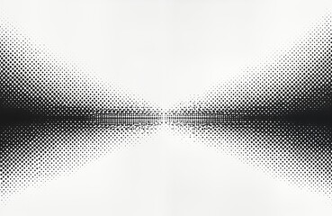 Abstract black, white halftone pattern with gradient effect. Pattern symmetrical, horizontal layout. Dots various sizes, densities creating visual interest. Suitable for graphic design elements,