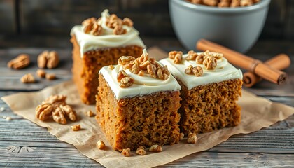 Carrot cake squares, cream cheese frosting, walnuts, cinnamon sticks, rustic wooden table, warm lighting