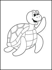 Illustration of a cute baby turtle cartoon character. Black and white Printable underwater coloring page for kids.
