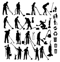 Naklejka premium Cleaner Cleaning Man Silhouette Vector Pack graphic drawing illustration Design Elements for stickers, Posters, streetwear, t-shirts, logos, print-on-demand, print, or branding