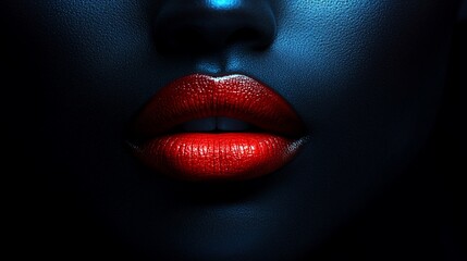 Obraz premium Close-up of a Woman's Lips with Vibrant Red Lipstick, Dark Background, Beauty and Fashion