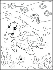 Illustration of a cute baby turtle cartoon character. Black and white Printable underwater coloring page for kids.
