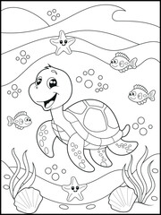 Illustration of a cute baby turtle cartoon character. Black and white Printable underwater coloring page for kids.
