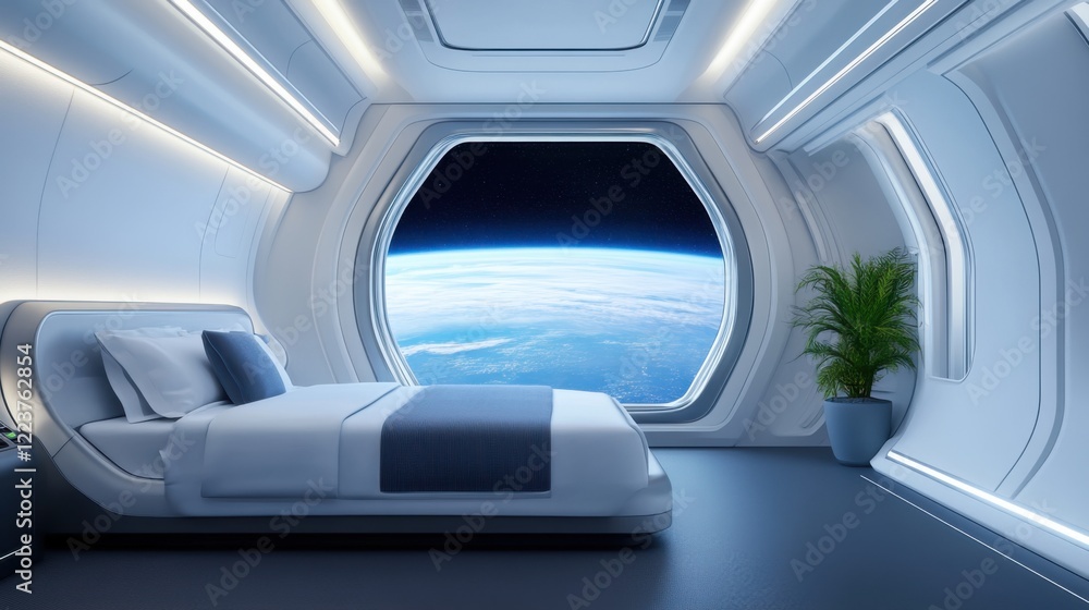 Poster modern futuristic bedroom with space view and planet earth visible from large window