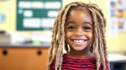 Joyful young girl with dreadlocks smiles brightly while seated in a vibrant classroom filled with educational materials. The atmosphere is lively and welcoming