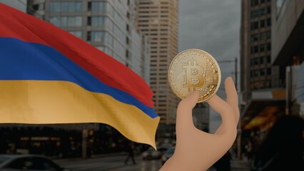 Golden bitcoin held by a hand with a waving Armenia flag in the background against a modern urban...