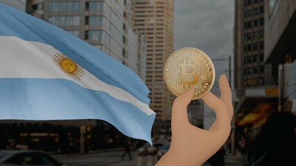 Golden bitcoin held by a hand with a waving Argentina flag in the background against a modern urban...