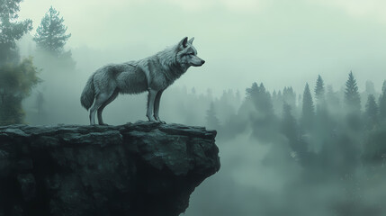 Majestic wolf stands on rocky ledge, gazing over misty forest landscape. serene atmosphere captures beauty of nature and spirit of wild. Wild Ridge. Illustration