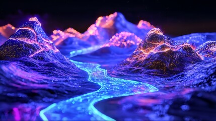 Futuristic neon landscape with digital mountains and glowing rivers, ideal for sci-fi backgrounds or album covers.