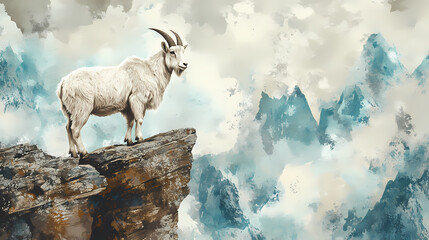 Mountain goat on high ledge with cloudy sky in watercolor hues. Wild Ridge. Illustration