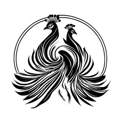 Abstract Peacock Duo: Black and White Bird Illustration, Elegant Nature Design, Wildlife Graphic, Monochrome Art Print