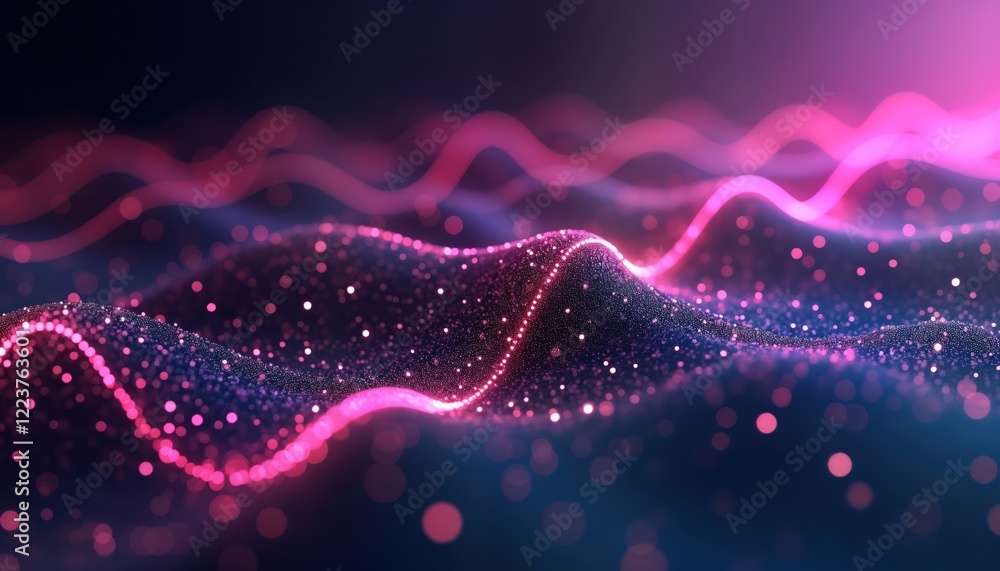 Aufkleber Abstract digital wave design with vibrant purple, pink hues. Dynamic flow of data points creates smooth curves. Modern tech visualization. Futuristic audio waveform graphic. Creative design for tech
