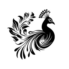 Elegant Peacock Silhouette with Floral Design: A Vintage Black and White Bird Illustration