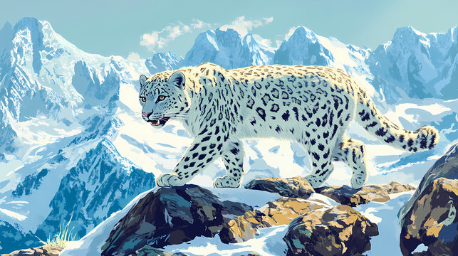 Snow leopard walking on mountain ridge with snowy peaks in background. Wild Ridge. Illustration