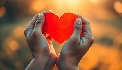 Fototapeta premium hands holding heart, glowing orange light, warmth, caring, tenderness, love, soft focus, close-up, ethereal, nurturing, healing energy