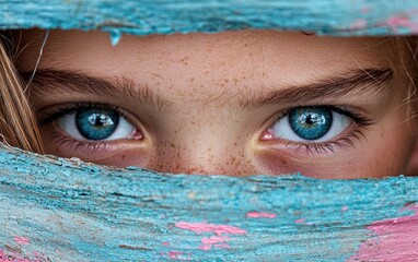 Close-up of a girl's blue eyes peering through a weathered wooden surface