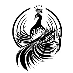 Majestic Peacock: Black and White Bird Illustration. Elegant, stylized design, perfect for home decor, fashion, and tattoo art.