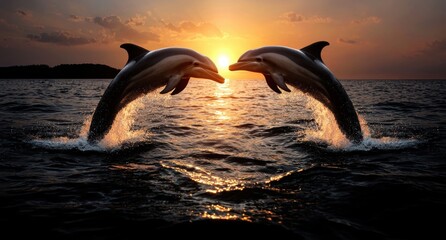 Obraz premium Two dolphins leaping and playing in the ocean at sunset
