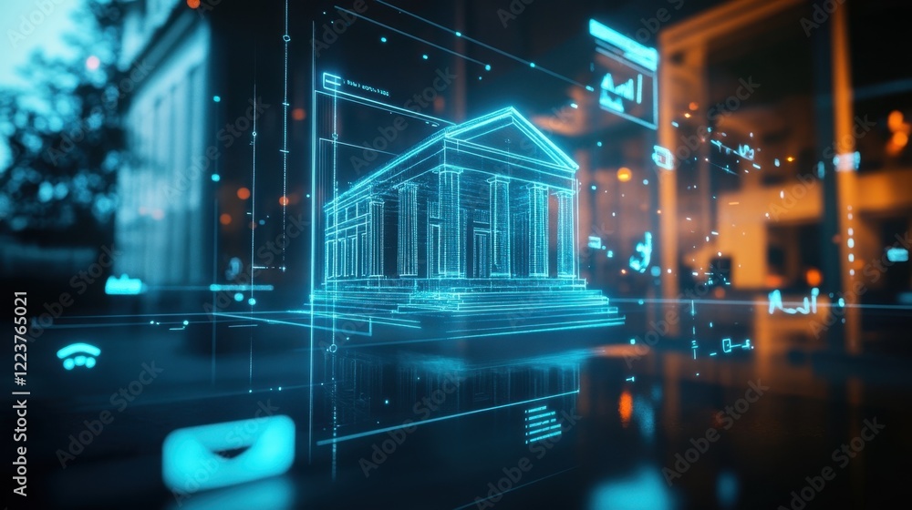 Poster hologram of bank building appearing on digital interface with data and information, representing con