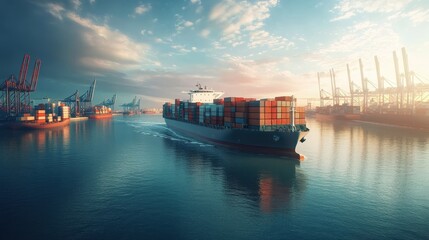 Obraz premium Container Ship Navigating Busy Harbor at Sunrise