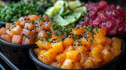 Delicious poke bowls with salmon, tuna, and pickled ginger.  Restaurant food, close-up