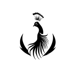 Elegant Peacock Silhouette: A Stunning Black and White Bird Design. Perfect for logos, prints, and home decor. This stylized vector graphic is both simple and sophisticated.