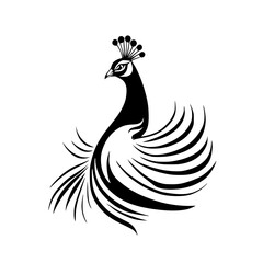 Elegant Peacock Silhouette: Abstract Bird Design, Black and White Vector Illustration, Nature-Inspired Graphic, Wildlife Art