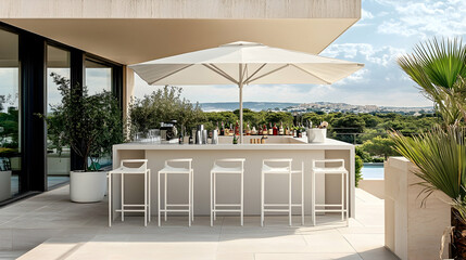 Stylish outdoor bar set featuring white-framed stools and an umbrella, placed on a chic rooftop terrace-