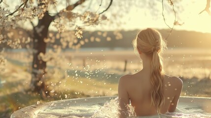 Obraz premium A person enjoys a peaceful moment in a hot tub, looking out at a beautiful landscape filled with blossoming cherry trees, golden light enveloping the scene at sunset