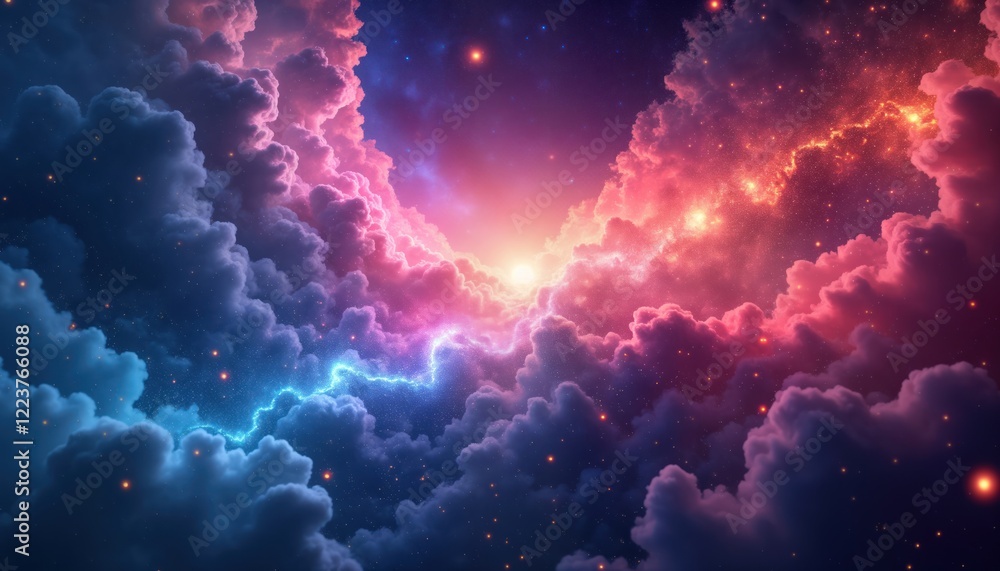 Poster Colorful nebula-style wave design. Abstract dynamic energy flows between stars in universe plasma scattered in space. Mysterious scene. Colorful clouds in space with bright lights. Energy, movement
