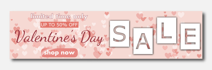 Valentine's Day sale, template discount banner design with lot of multicolored rose hearts to promote purchases in the 14 february. modern vector illustration for website header, flyer, poster