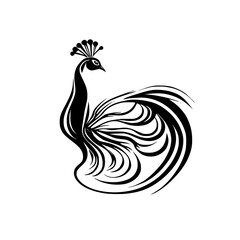 Fototapeta premium Elegant Peacock: Black and White Artistic Bird Illustration. A stunning vector graphic of a stylized peacock, perfect for design projects needing an elegant, nature-inspired touch.