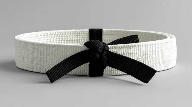 A close-up image of a white martial arts belt featuring a black knot, symbolizing discipline and achievement in various martial arts forms.